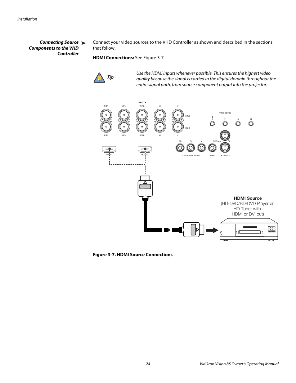 Connecting source components to the vhd controller, Hdmi connections, Figure 3-7 . hdmi source connections | 7. hdmi source connections, Pre l iminar y | Runco Vision 85 User Manual | Page 36 / 88