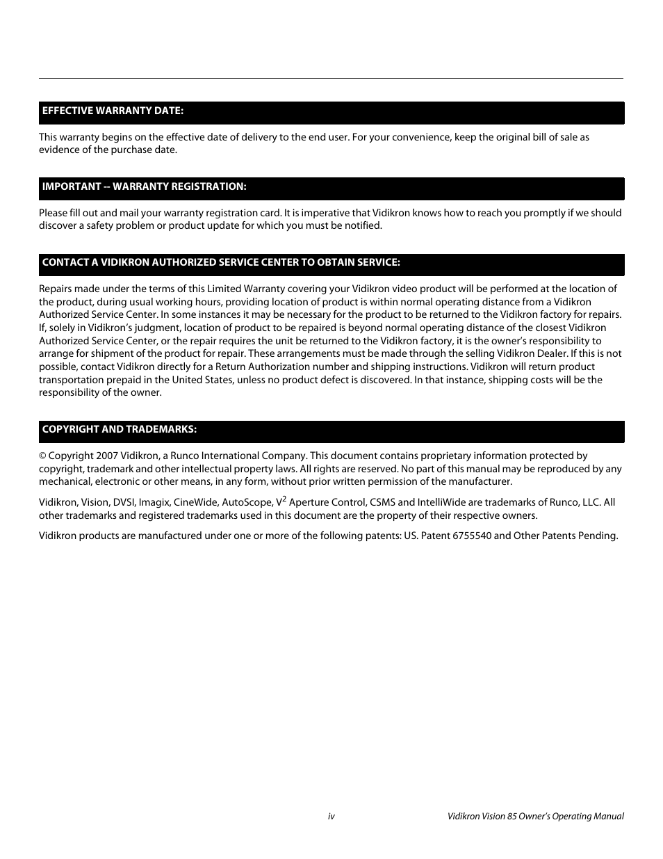 Pre l iminar y | Runco Vision 85 User Manual | Page 4 / 88