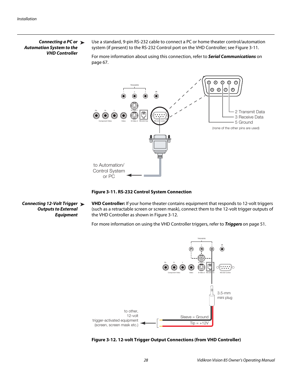 Figure 3-11 . rs-232 control system connection, Vhd controller, 11. rs-232 control system connection | Pre l iminar y | Runco Vision 85 User Manual | Page 40 / 88