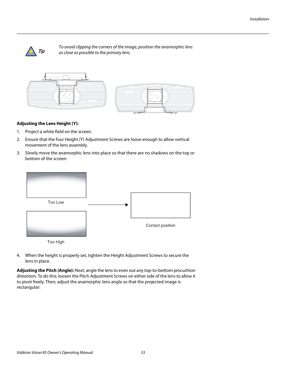 Adjusting the lens height (y), Adjusting the pitch (angle), Pre l iminar y | Runco Vision 85 User Manual | Page 45 / 88