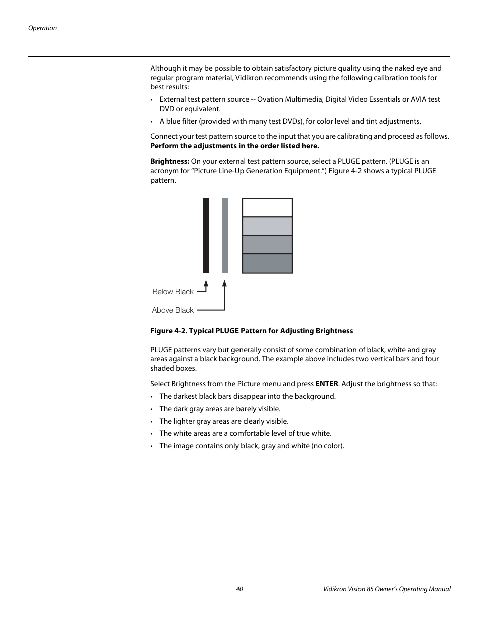 Brightness, 2. typical pluge pattern for adjusting brightness, Pre l iminar y | Runco Vision 85 User Manual | Page 52 / 88
