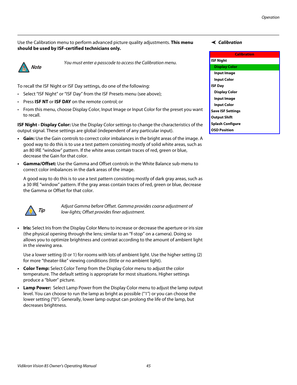 Calibration, Isf night - display color, Pre l iminar y | Runco Vision 85 User Manual | Page 57 / 88