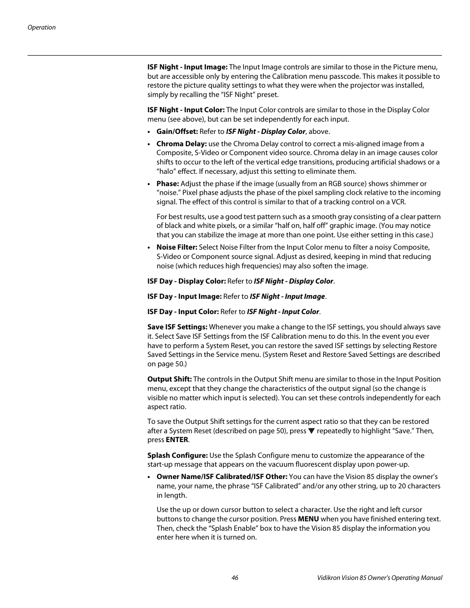 Isf night - input image, Isf night - input color, Isf day - display color | Isf day - input image, Isf day - input color, Save isf settings, Output shift, Splash configure, Pre l iminar y | Runco Vision 85 User Manual | Page 58 / 88