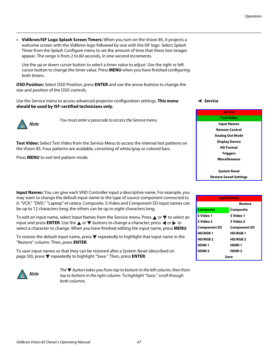 Osd position, Service, Test video | Input names, Pre l iminar y | Runco Vision 85 User Manual | Page 59 / 88