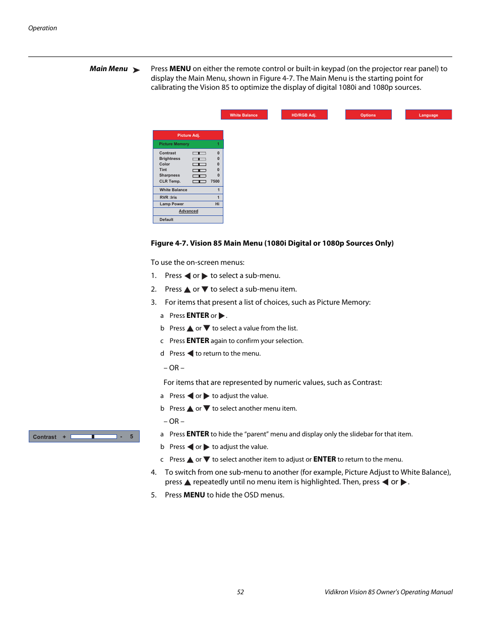 Main menu, Pre l iminar y | Runco Vision 85 User Manual | Page 64 / 88
