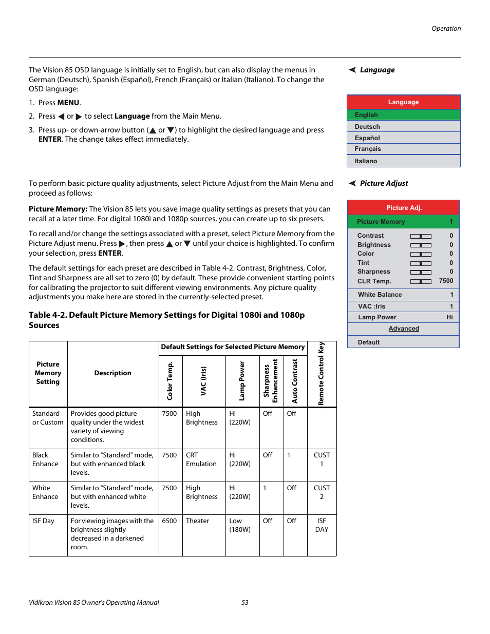 Language, Picture adjust, Picture memory | Pre l iminar y | Runco Vision 85 User Manual | Page 65 / 88