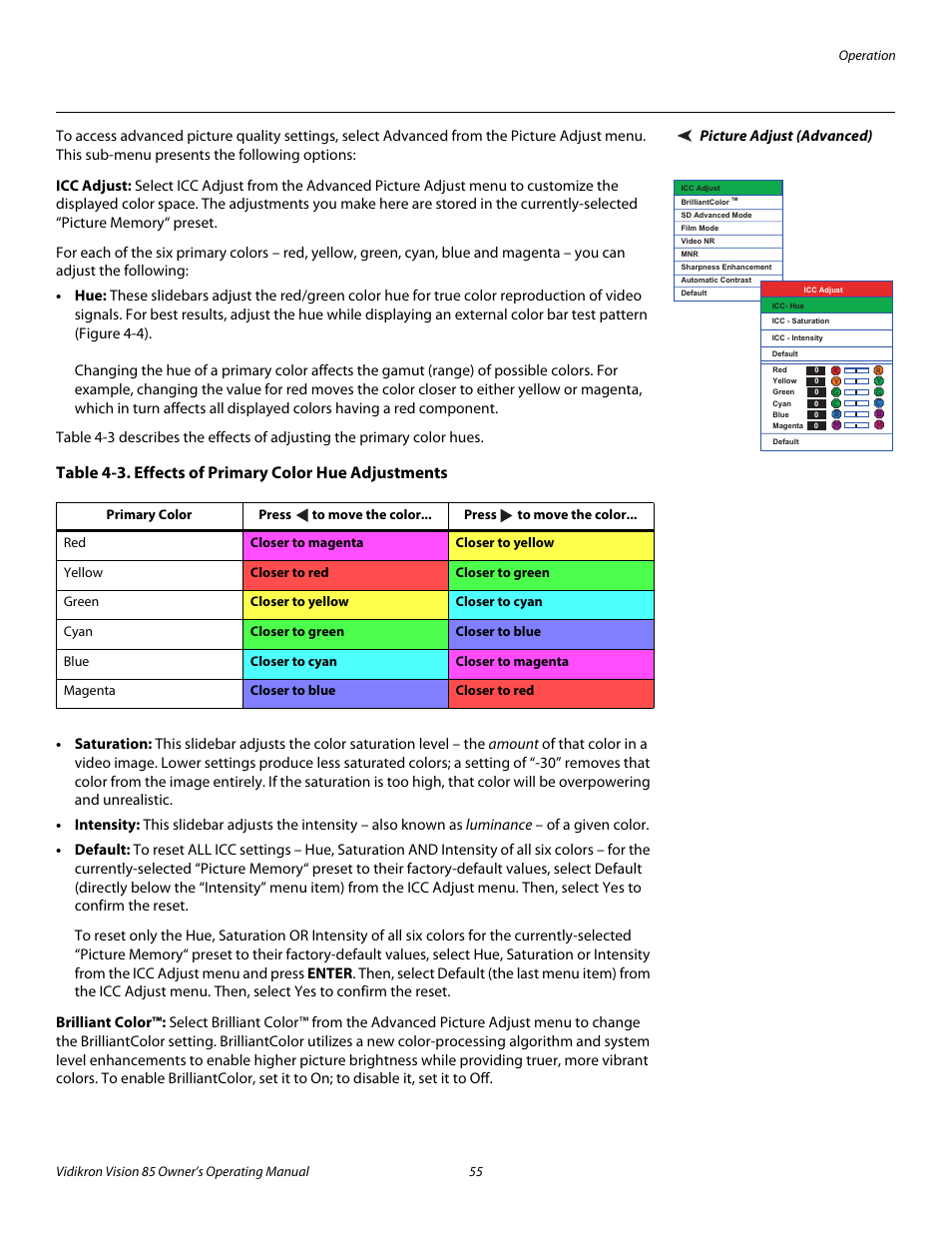 Picture adjust (advanced), Icc adjust, Brilliant color | Pre l iminar y | Runco Vision 85 User Manual | Page 67 / 88
