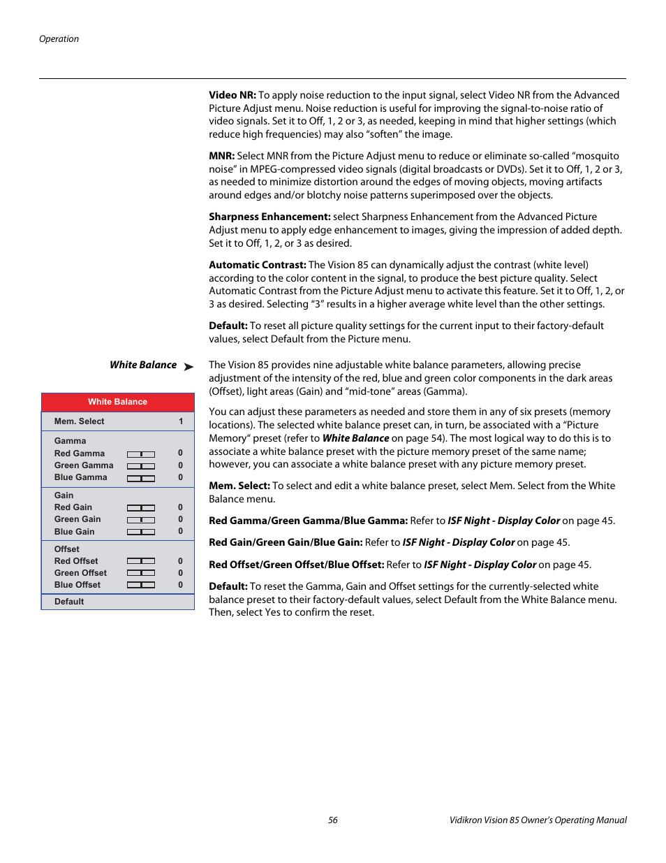 Video nr, Sharpness enhancement, Automatic contrast | Default, White balance, Mem. select, Red gamma/green gamma/blue gamma, Red gain/green gain/blue gain, Red offset/green offset/blue offset, Pre l iminar y | Runco Vision 85 User Manual | Page 68 / 88