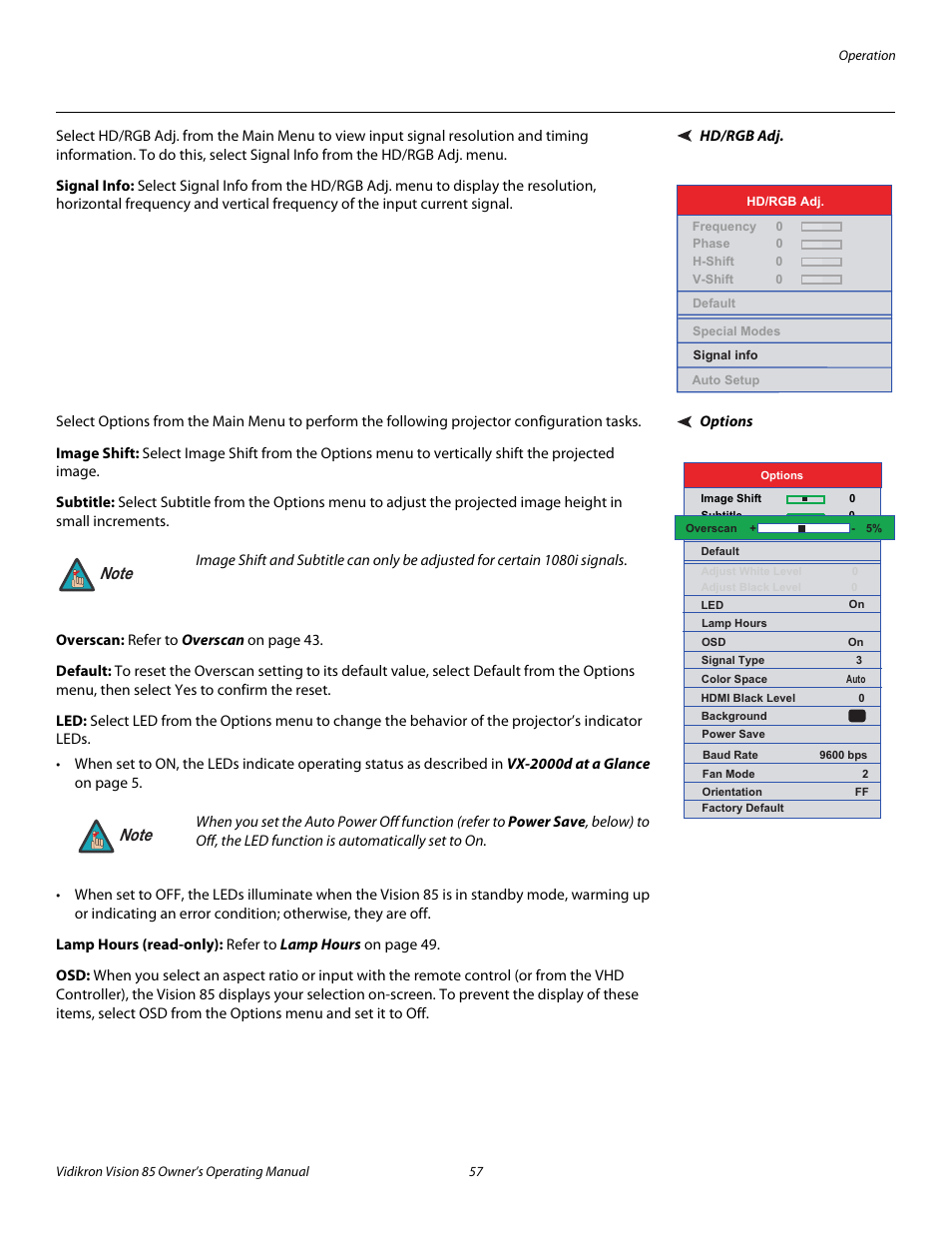 Hd/rgb adj, Signal info, Options | Image shift, Subtitle, Overscan, Default, Lamp hours (read-only), Pre l iminar y | Runco Vision 85 User Manual | Page 69 / 88