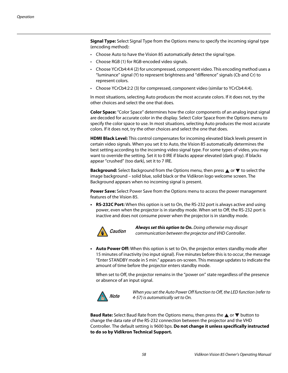 Signal type, Color space, Hdmi black level | Background, Power save, Baud rate, To power save , below), Pre l iminar y | Runco Vision 85 User Manual | Page 70 / 88