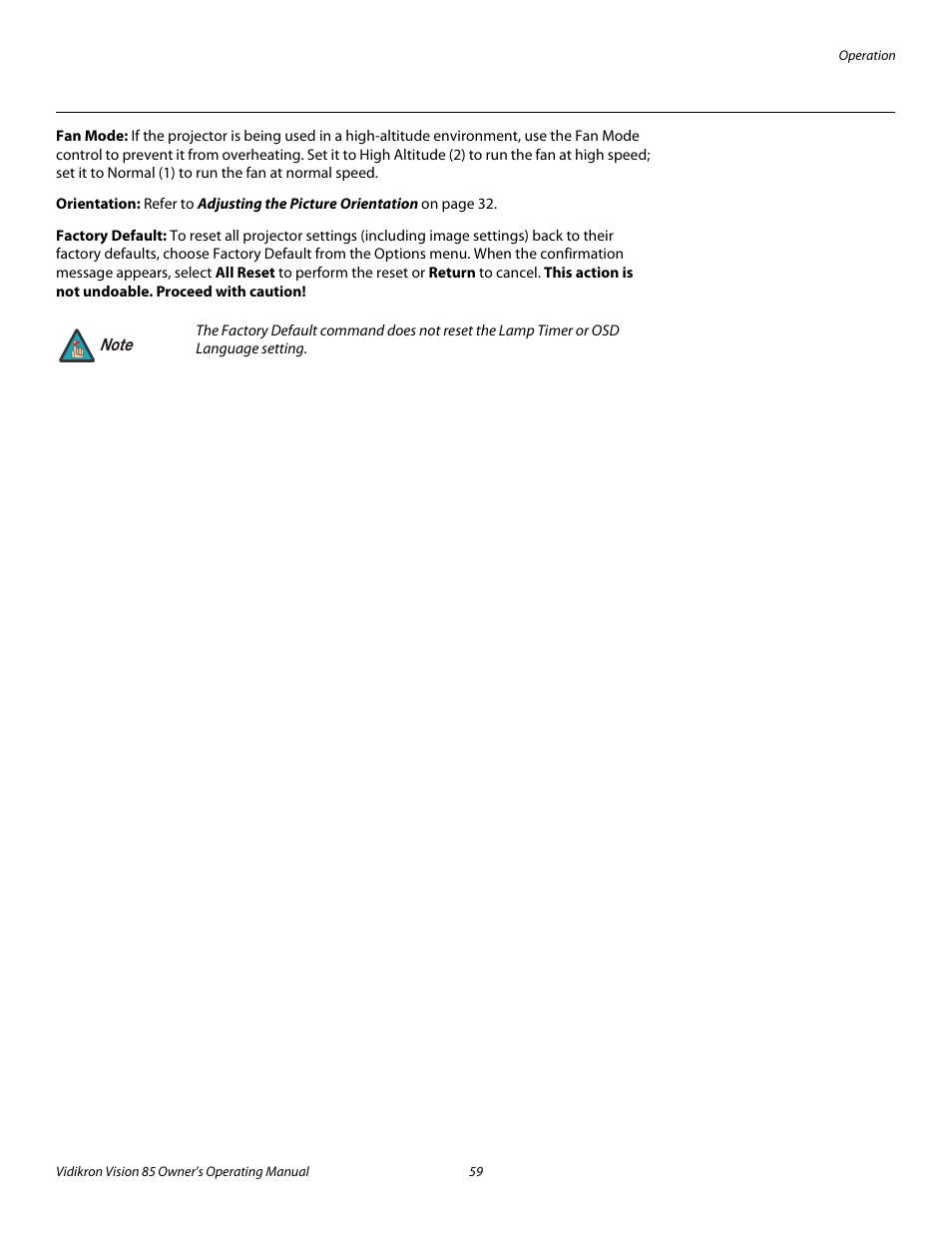 Fan mode, Orientation, Factory default | Pre l iminar y | Runco Vision 85 User Manual | Page 71 / 88