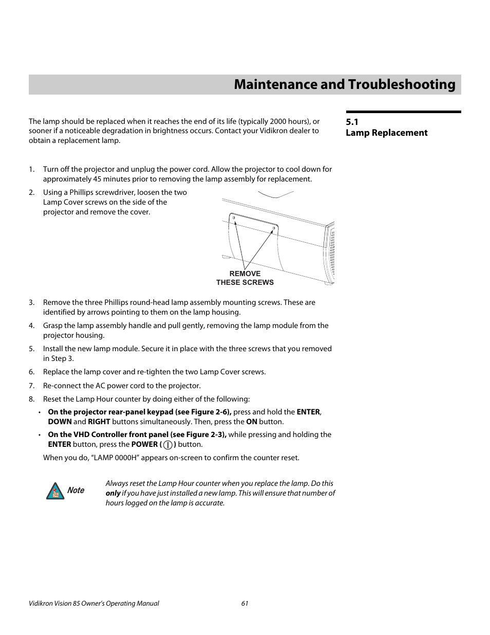 5 maintenance and troubleshooting, 1 lamp replacement, Maintenance and troubleshooting | Lamp replacement, Pre l iminar y | Runco Vision 85 User Manual | Page 73 / 88