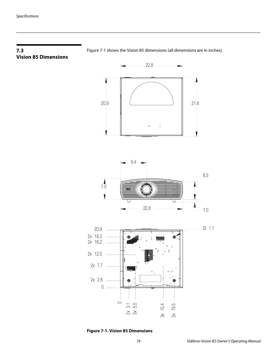 3 vision 85 dimensions, Figure 7-1 . vision 85 dimensions, Iminar | Vision 85 dimensions, 1. vision 85 dimensions, Pre l iminar y | Runco Vision 85 User Manual | Page 86 / 88