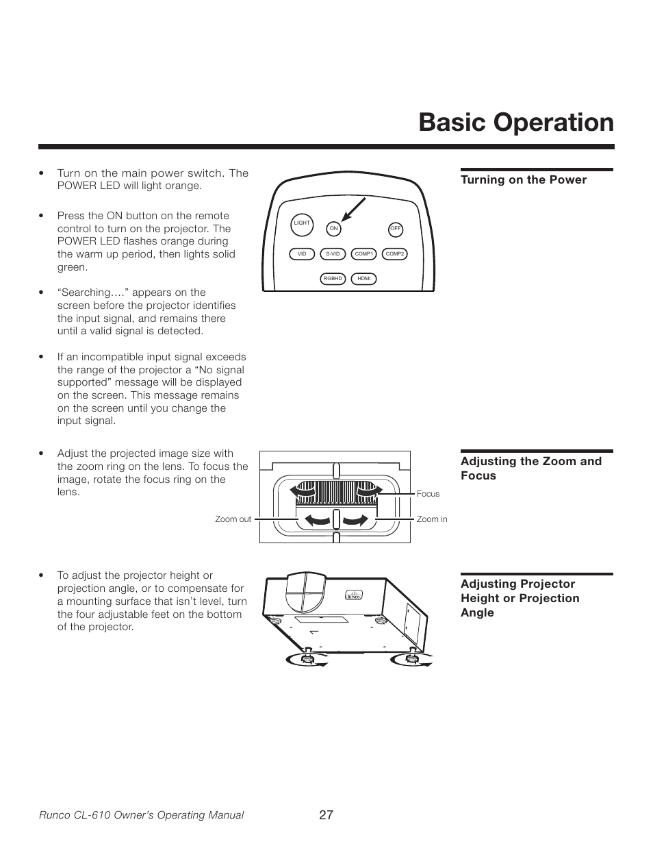 Basic operation, Turning on the power, Adjusting the zoom and focus | Adjusting projector height or projection angle | Runco CL-610LT User Manual | Page 27 / 56