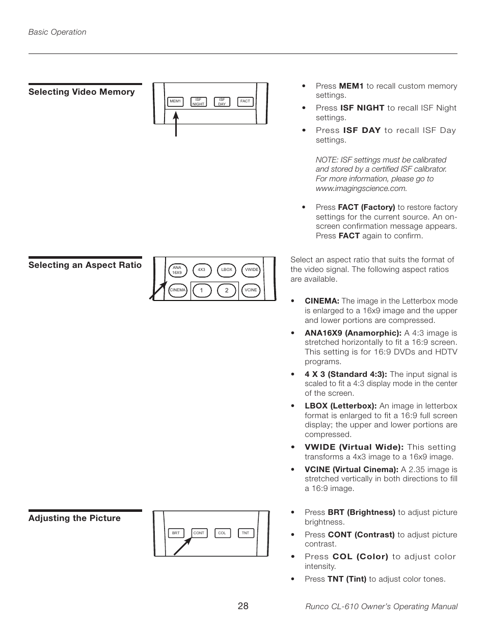 Selecting video memory, Selecting an aspect ratio, Adjusting the picture | Selecting an aspect ratio adjusting the picture | Runco CL-610LT User Manual | Page 28 / 56