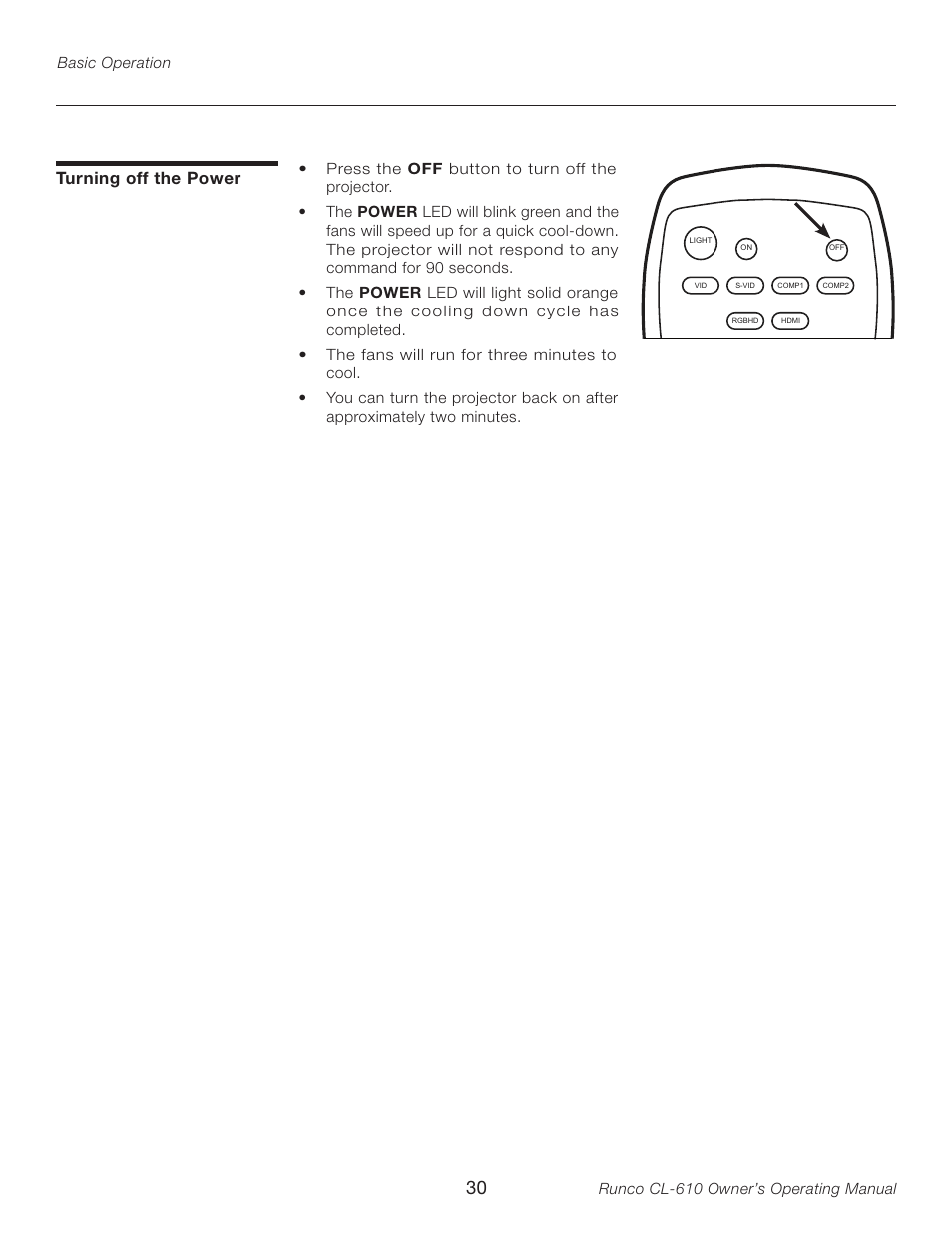 Turning off the power | Runco CL-610LT User Manual | Page 30 / 56