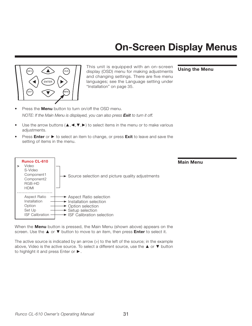 On-screen display menus, Using the menu, Main menu | Using the menu main menu | Runco CL-610LT User Manual | Page 31 / 56