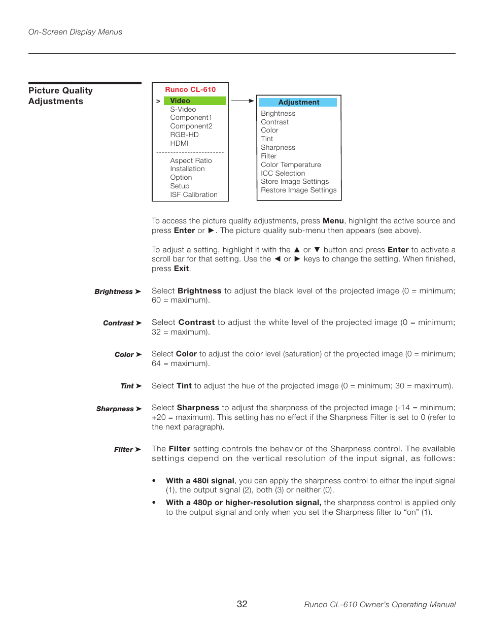 Picture quality adjustments | Runco CL-610LT User Manual | Page 32 / 56