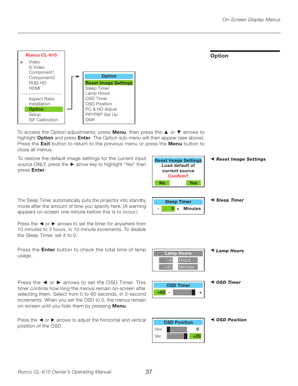 Option | Runco CL-610LT User Manual | Page 37 / 56