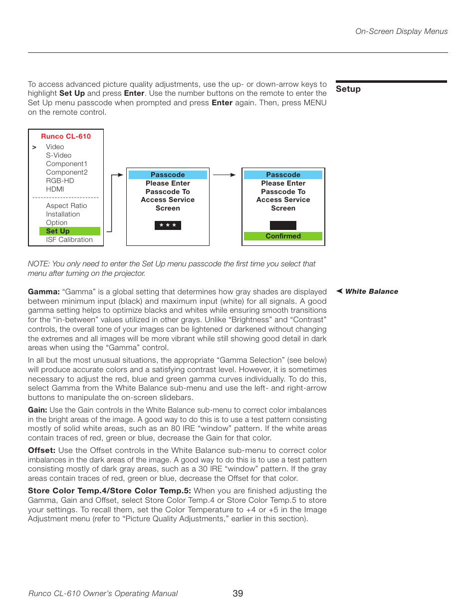 Setup | Runco CL-610LT User Manual | Page 39 / 56