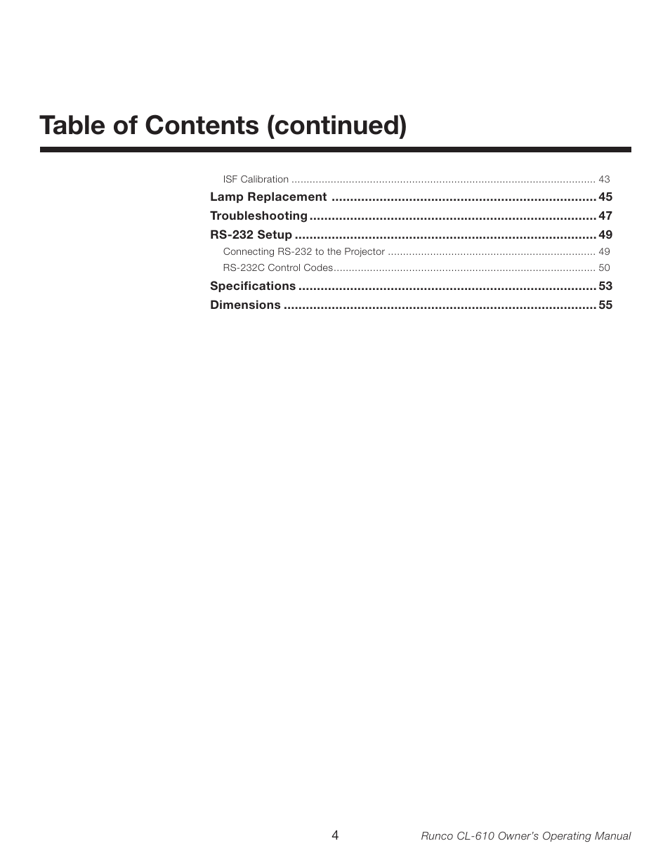Table of contents (continued) | Runco CL-610LT User Manual | Page 4 / 56