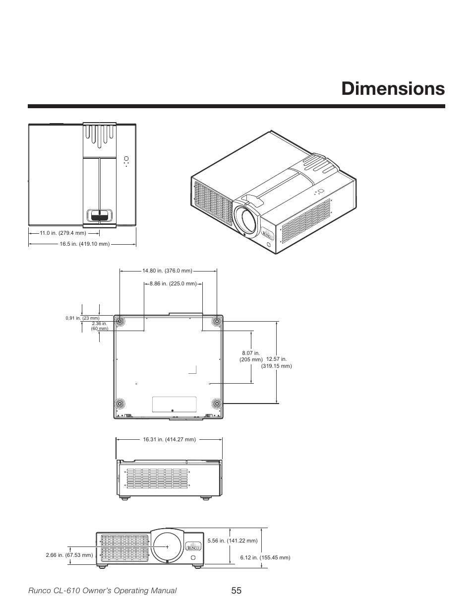 Dimensions | Runco CL-610LT User Manual | Page 55 / 56
