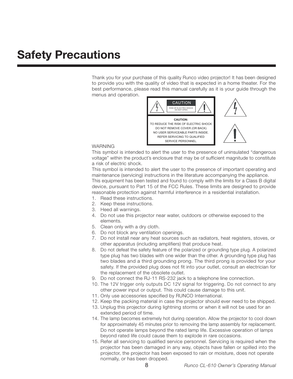 Safety precautions | Runco CL-610LT User Manual | Page 8 / 56