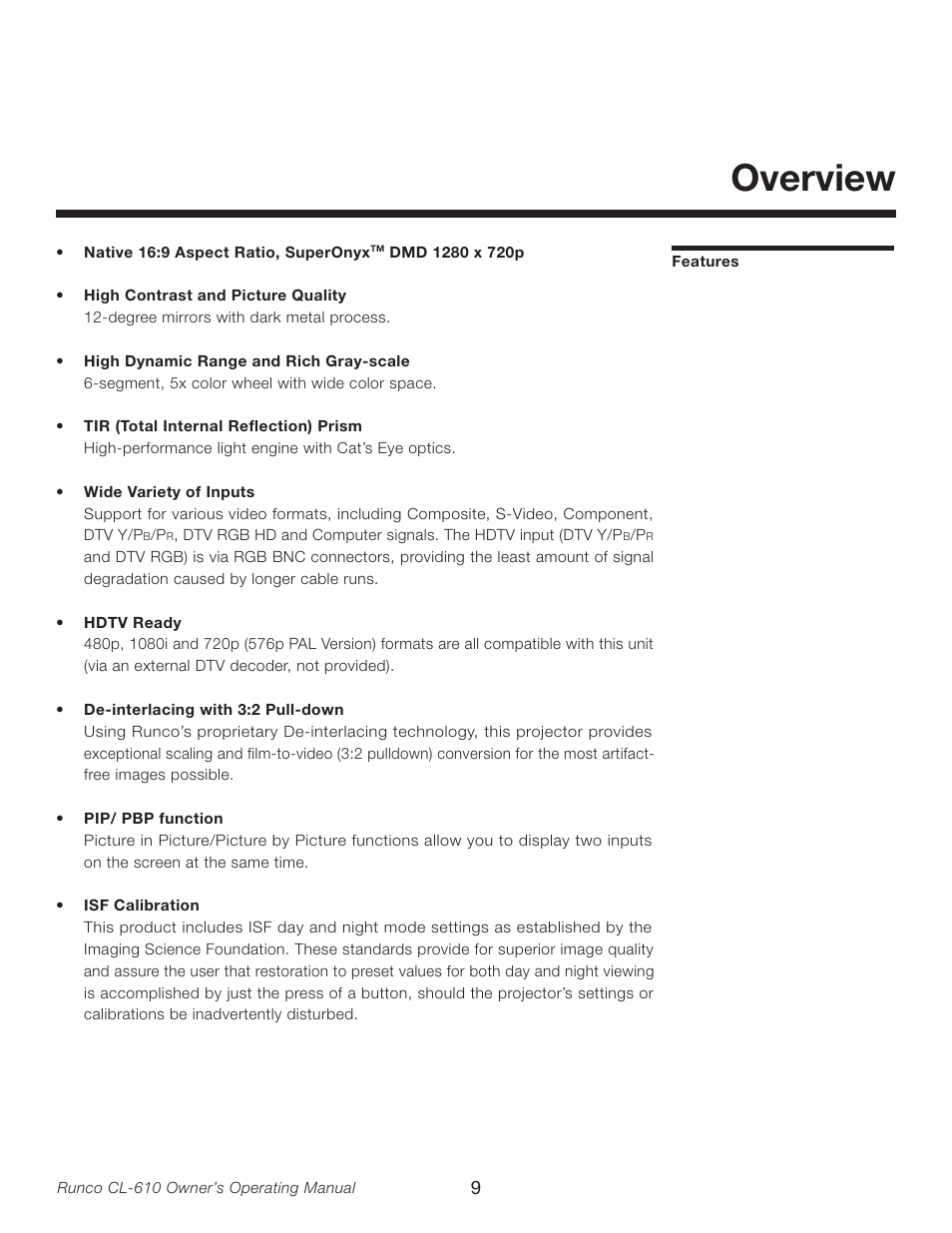 Overview, Features | Runco CL-610LT User Manual | Page 9 / 56