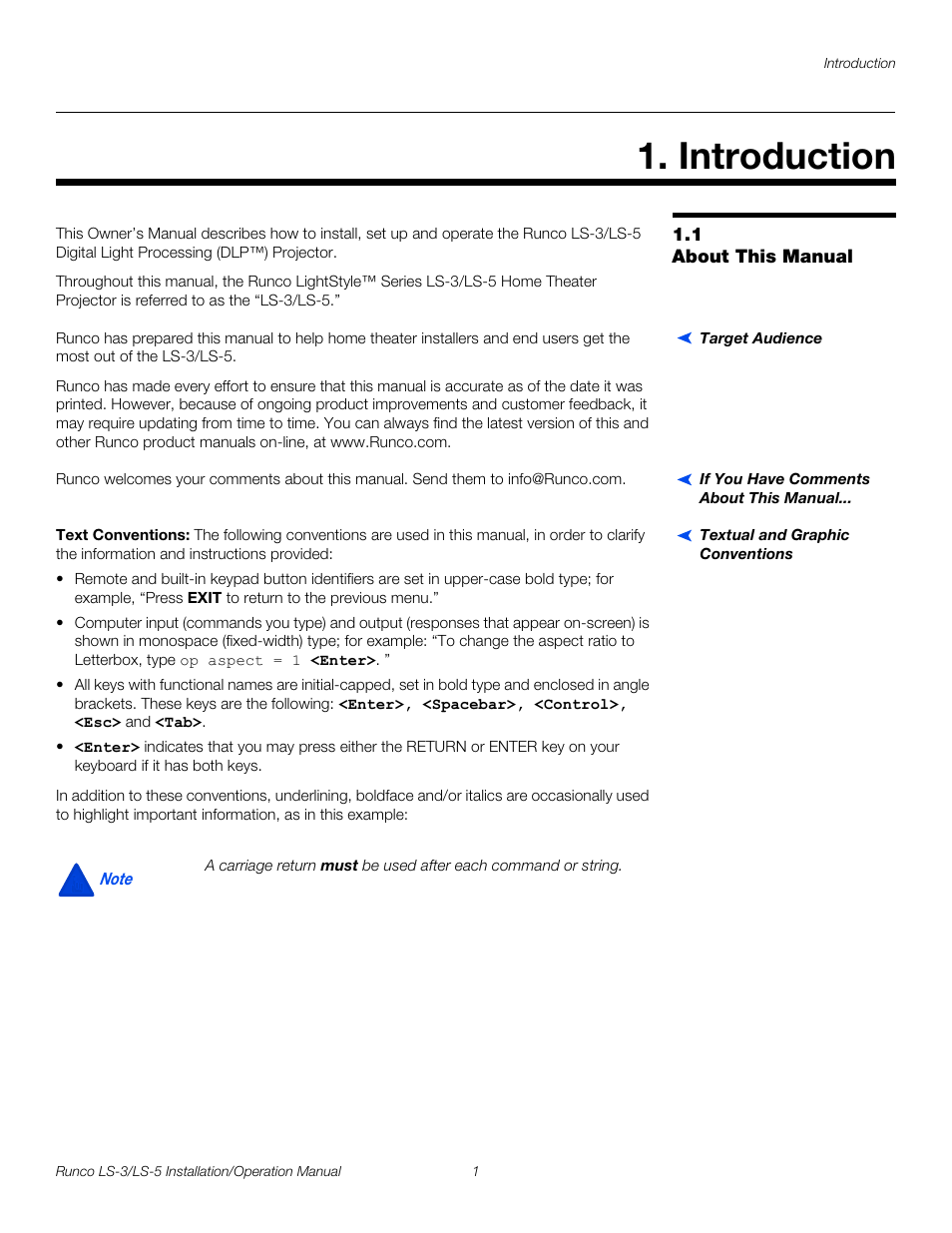 Introduction, 1 about this manual, Target audience | If you have comments about this manual, Textual and graphic conventions, Text conventions, About this manual, Pre l iminar y | Runco LIGHTSTYLE LS-3 User Manual | Page 17 / 105