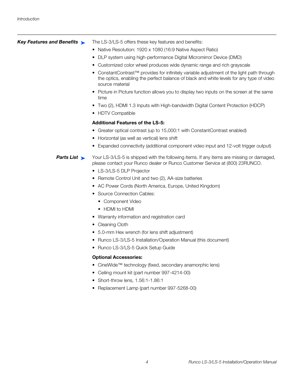 Key features and benefits, Additional features of the ls-5, Parts list | Optional accessories, Pre l iminar y | Runco LIGHTSTYLE LS-3 User Manual | Page 20 / 105