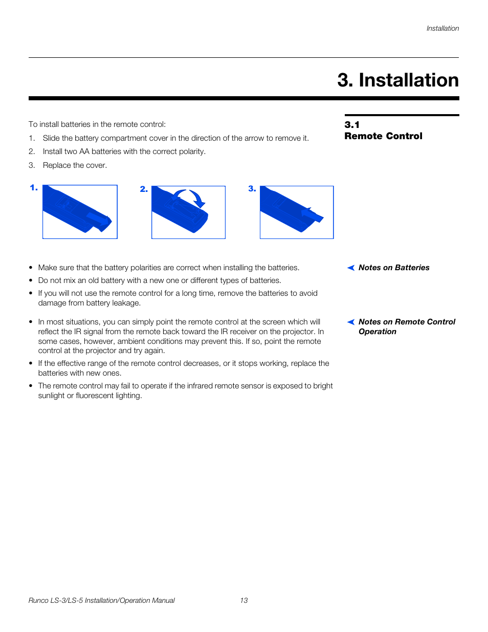 Installation, 1 remote control, Notes on batteries | Notes on remote control operation, Remote control, Pre l iminar y | Runco LIGHTSTYLE LS-3 User Manual | Page 29 / 105