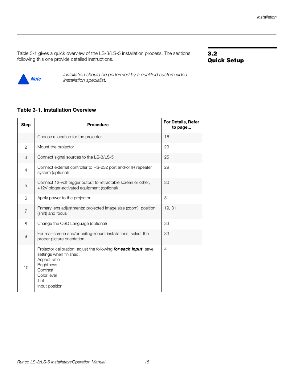 2 quick setup, Table 3-1 . installation overview, Quick setup | Pre l iminar y | Runco LIGHTSTYLE LS-3 User Manual | Page 31 / 105