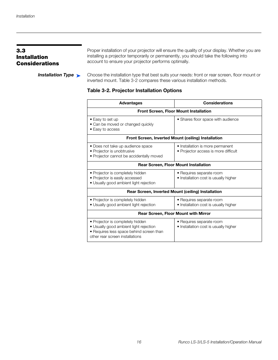 3 installation considerations, Installation type, Table 3-2 . projector installation options | Installation considerations, Pre l iminar y | Runco LIGHTSTYLE LS-3 User Manual | Page 32 / 105