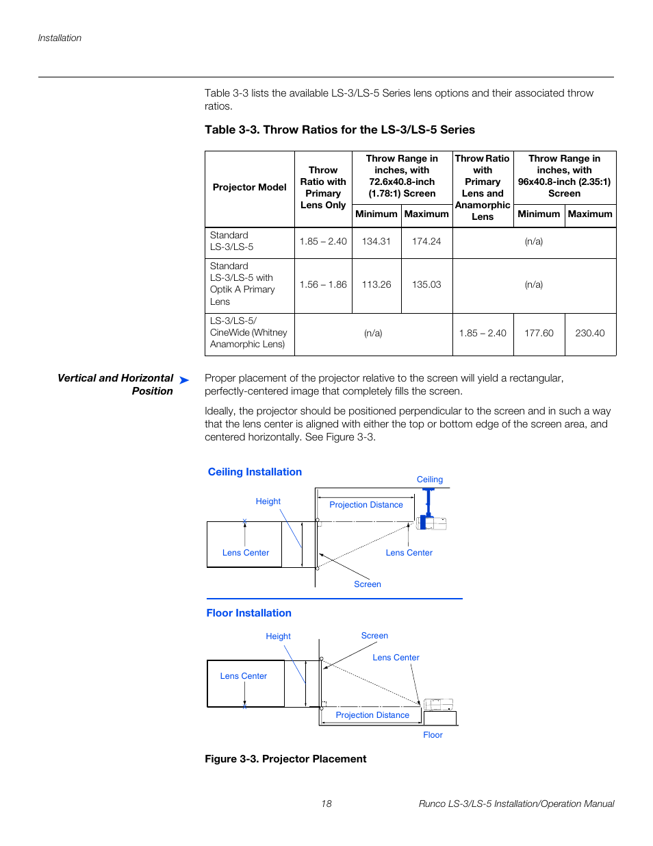Table 3-3 . throw ratios for the ls-3/ls-5 series, Vertical and horizontal position, Figure 3-3 . projector placement | 3. projector placement, Pre l iminar y | Runco LIGHTSTYLE LS-3 User Manual | Page 34 / 105