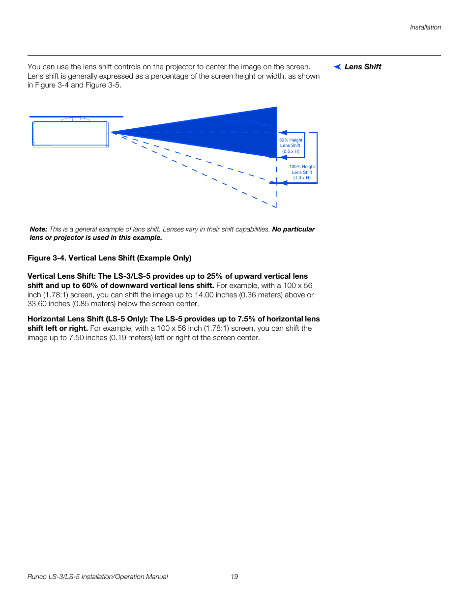 Lens shift, Figure 3-4 . vertical lens shift (example only), Vertical lens shift | Horizontal lens shift (ls-5 only), 4. vertical lens shift (example only), Pre l iminar y | Runco LIGHTSTYLE LS-3 User Manual | Page 35 / 105