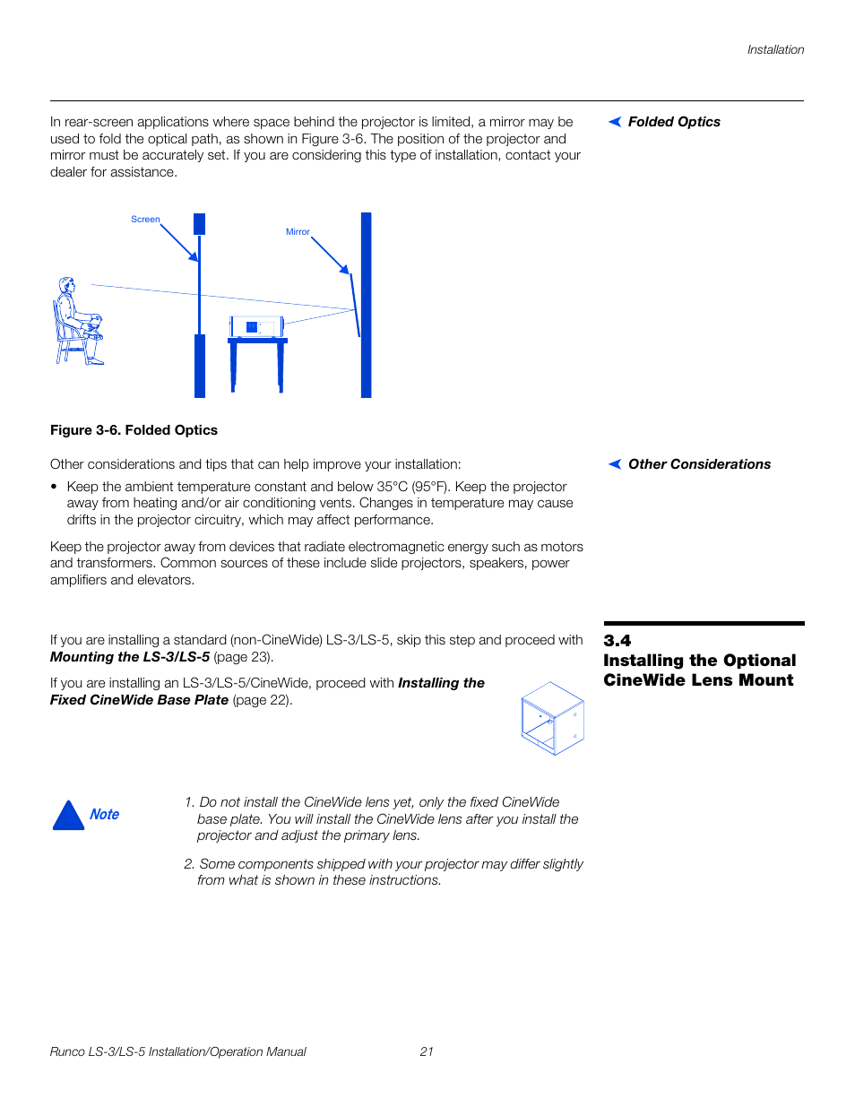 Folded optics, Figure 3-6 . folded optics, Other considerations | 4 installing the optional cinewide lens mount, Installing the optional cinewide lens mount, 6. folded optics, Pre l iminar y | Runco LIGHTSTYLE LS-3 User Manual | Page 37 / 105