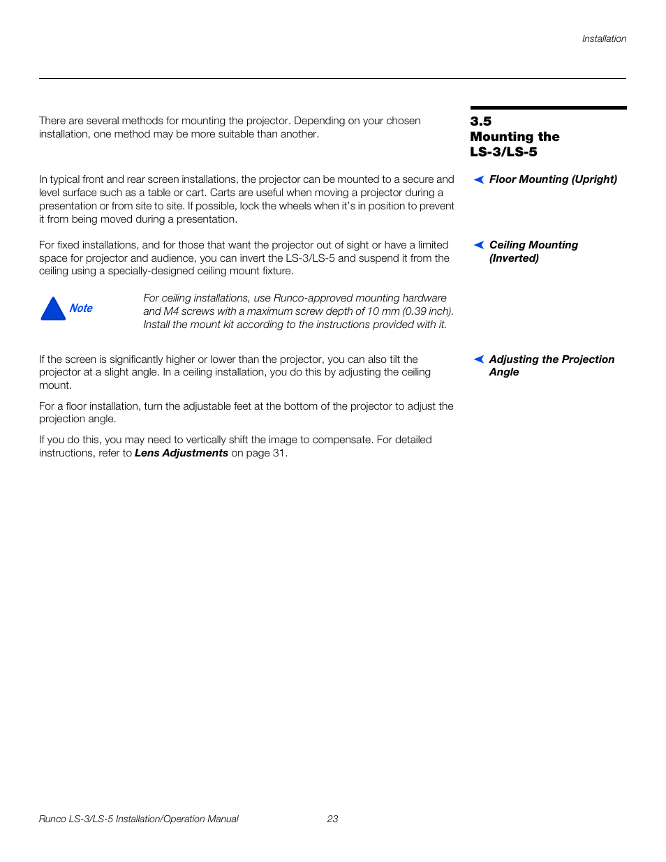 5 mounting the ls-3/ls-5, Floor mounting (upright), Ceiling mounting (inverted) | Adjusting the projection angle, Mounting the ls-3/ls-5, Pre l iminar y | Runco LIGHTSTYLE LS-3 User Manual | Page 39 / 105