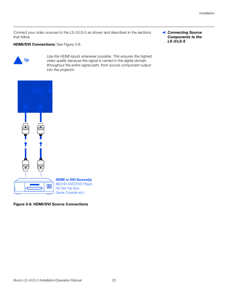 Connecting source components to the ls-3/ls-5, Hdmi/dvi connections, Figure 3-8 . hdmi/dvi source connections | 8. hdmi/dvi source connections, Pre l iminar y | Runco LIGHTSTYLE LS-3 User Manual | Page 41 / 105