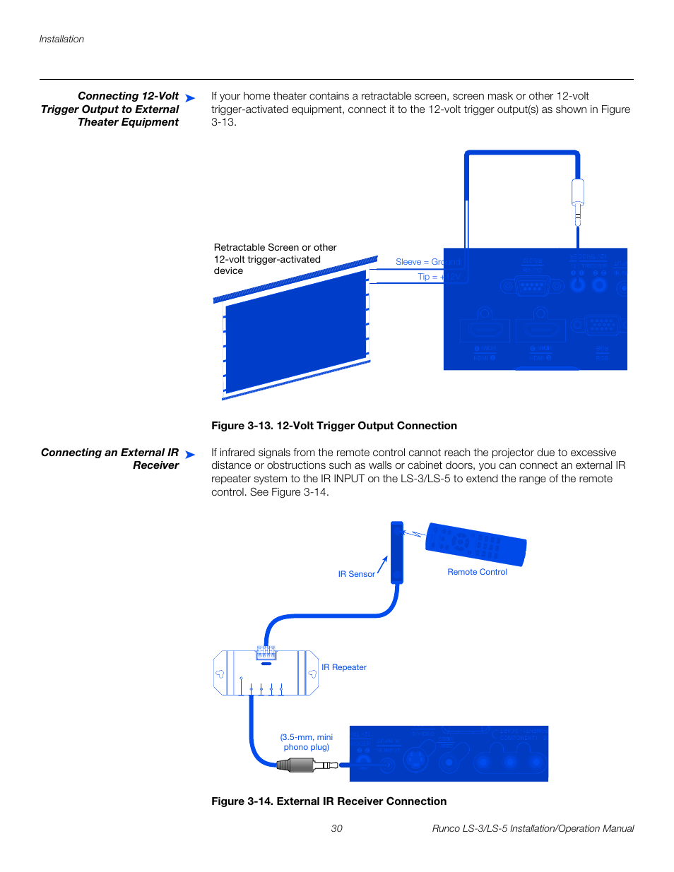 Figure 3-13 . 12-volt trigger output connection, Connecting an external ir receiver, Figure 3-14 . external ir receiver connection | 13. 12-volt trigger output connection, 14. external ir receiver connection, Pre l iminar y | Runco LIGHTSTYLE LS-3 User Manual | Page 46 / 105
