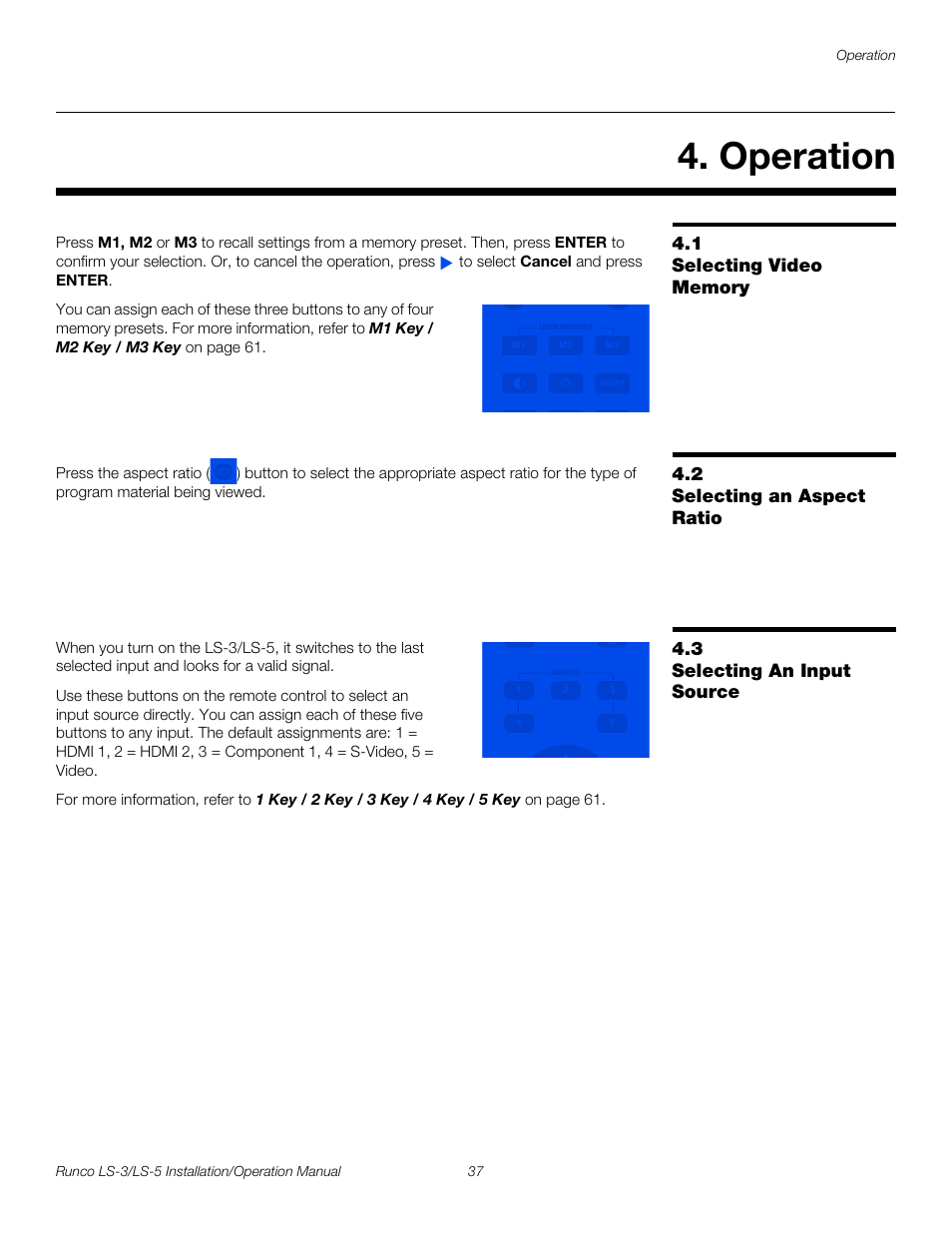 Operation, 1 selecting video memory, 2 selecting an aspect ratio | 3 selecting an input source, Selecting video memory, Selecting an aspect ratio, Selecting an input source, Pre l iminar y | Runco LIGHTSTYLE LS-3 User Manual | Page 53 / 105