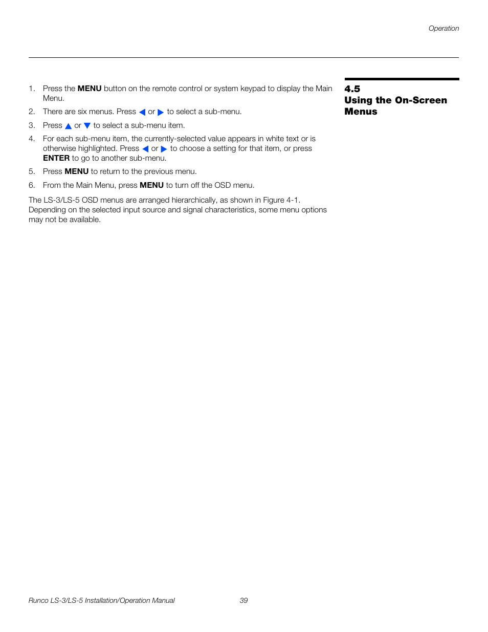 5 using the on-screen menus, Using the on-screen menus, Pre l iminar y | Runco LIGHTSTYLE LS-3 User Manual | Page 55 / 105