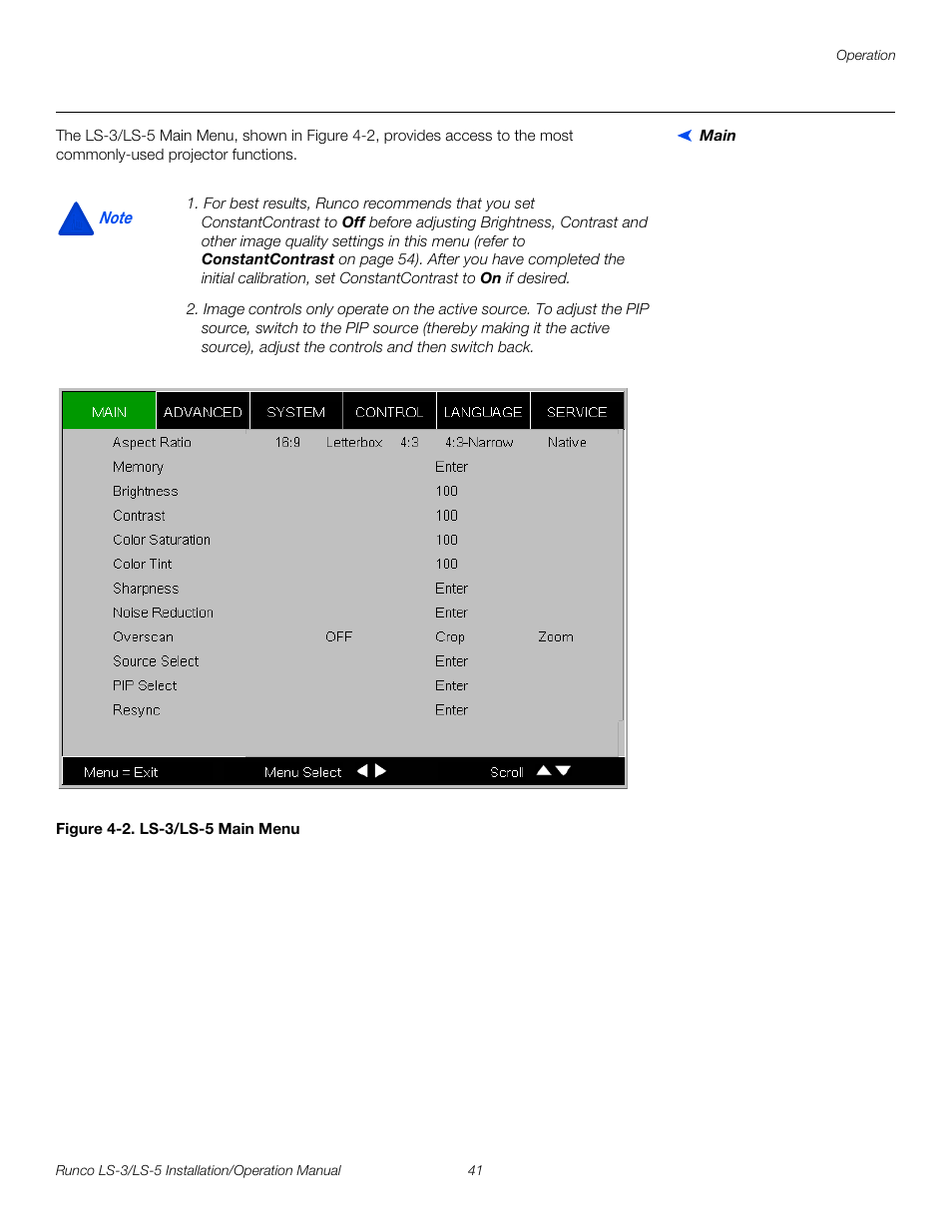 Main, Figure 4-2 . ls-3/ls-5 main menu, 2. ls-3/ls-5 main menu | Pre l iminar y | Runco LIGHTSTYLE LS-3 User Manual | Page 57 / 105