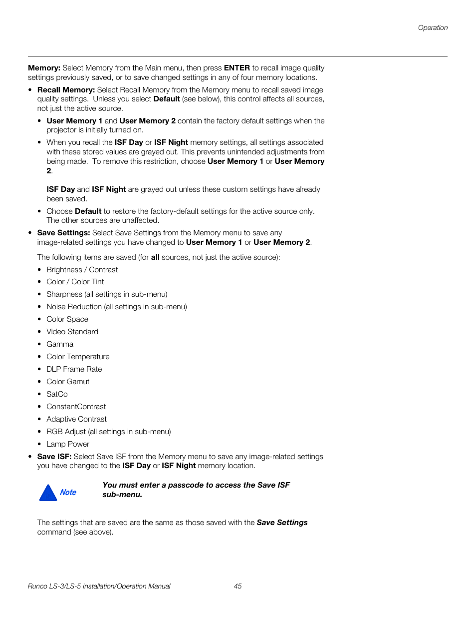 Memory, Pre l iminar y | Runco LIGHTSTYLE LS-3 User Manual | Page 61 / 105