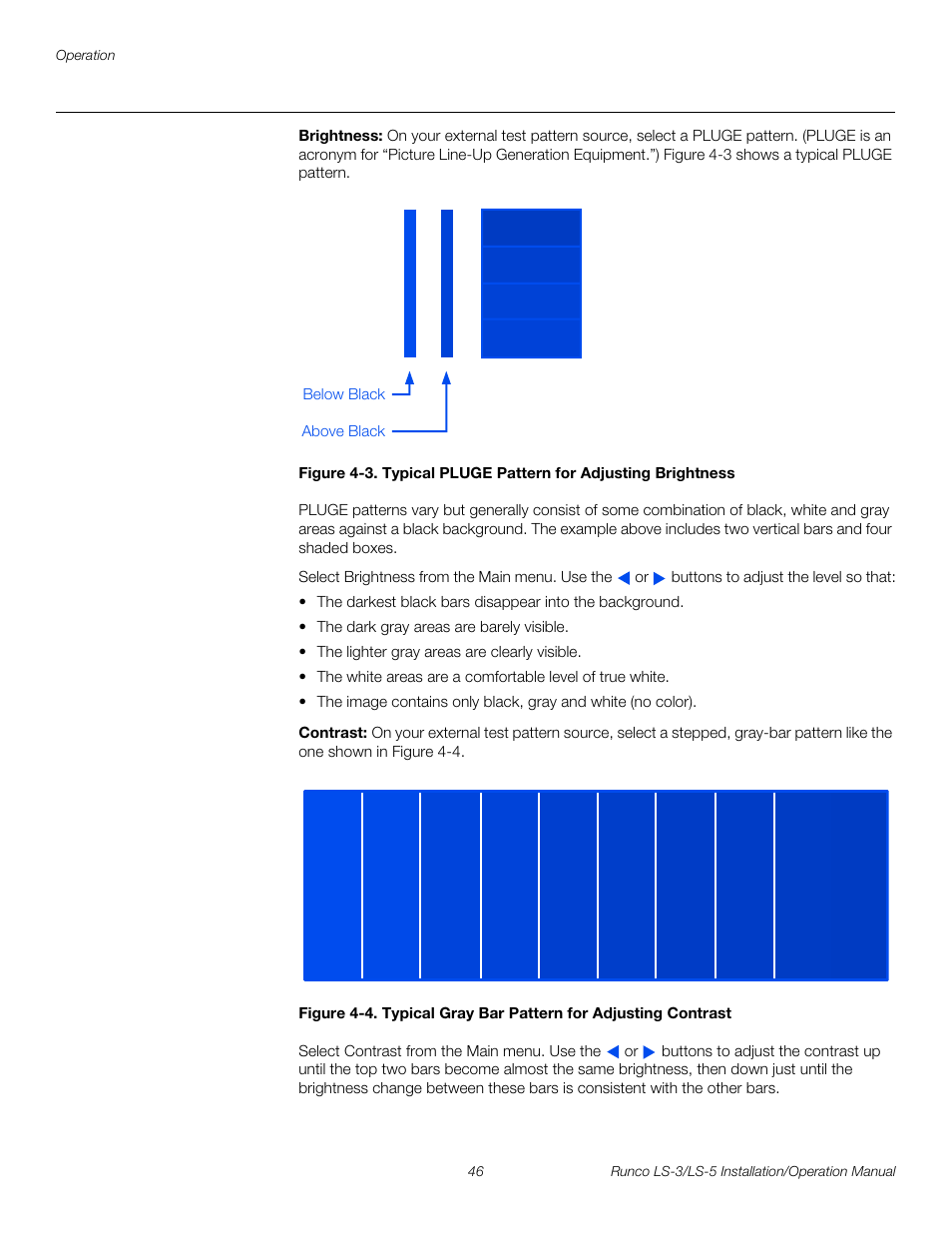 Brightness, Contrast, 3. typical pluge pattern for adjusting brightness | 4. typical gray bar pattern for adjusting contrast, Pre l iminar y | Runco LIGHTSTYLE LS-3 User Manual | Page 62 / 105