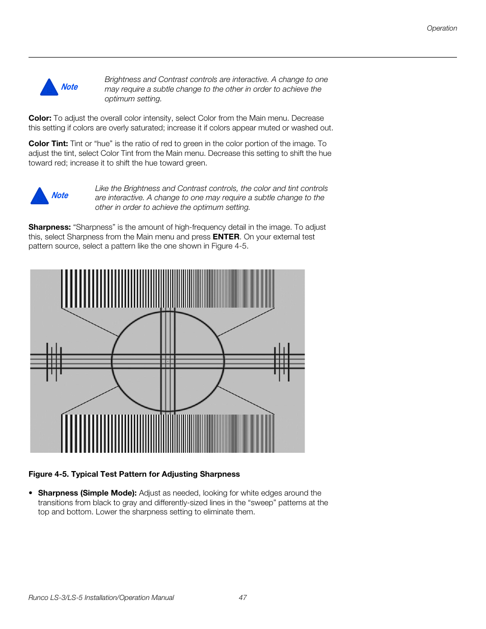 Color, Color tint, Sharpness | 5. typical test pattern for adjusting sharpness, Pre l iminar y | Runco LIGHTSTYLE LS-3 User Manual | Page 63 / 105