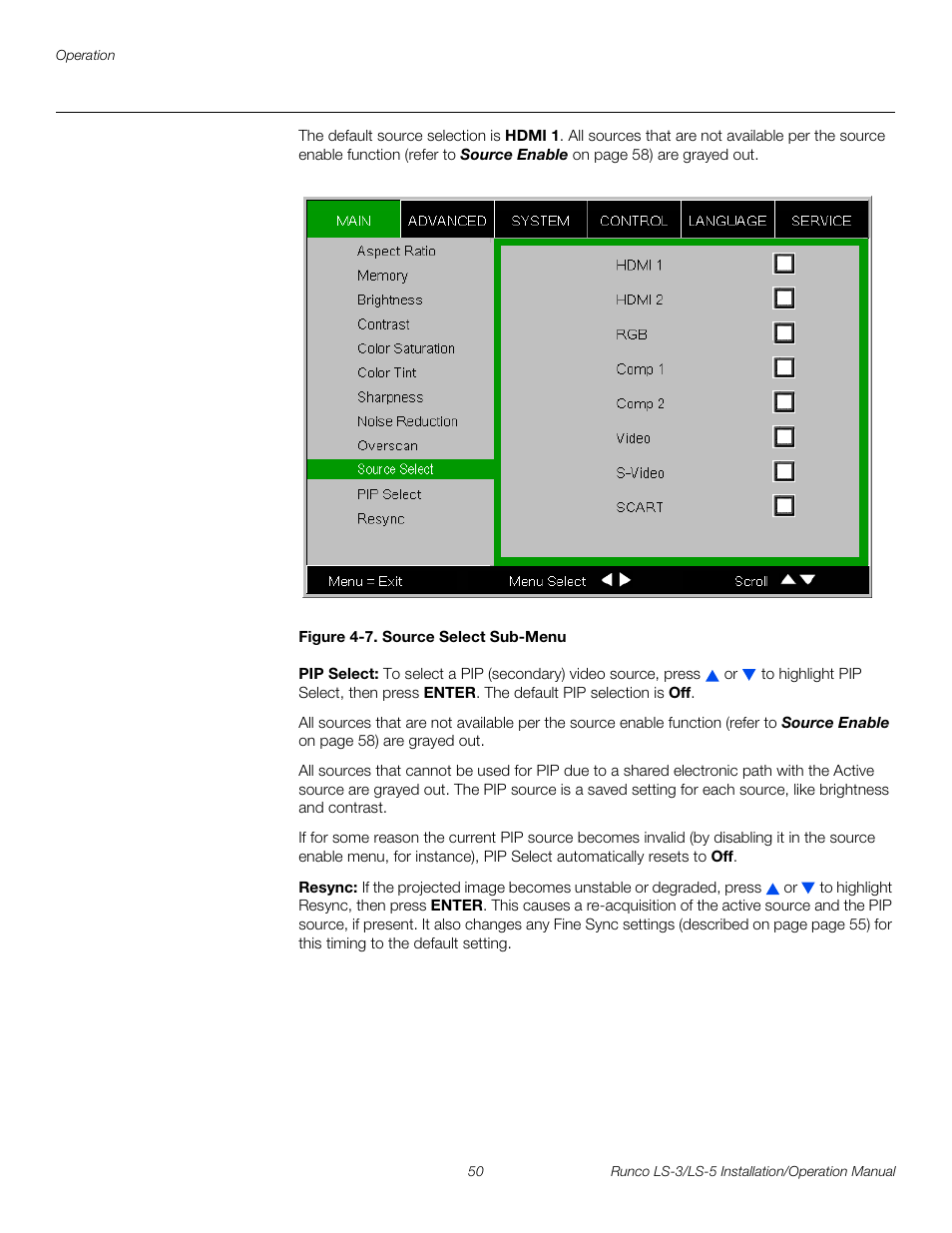 Figure 4-7 . source select sub-menu, Pip select, Resync | 7. source select sub-menu, In figure 4-7, Pre l iminar y | Runco LIGHTSTYLE LS-3 User Manual | Page 66 / 105
