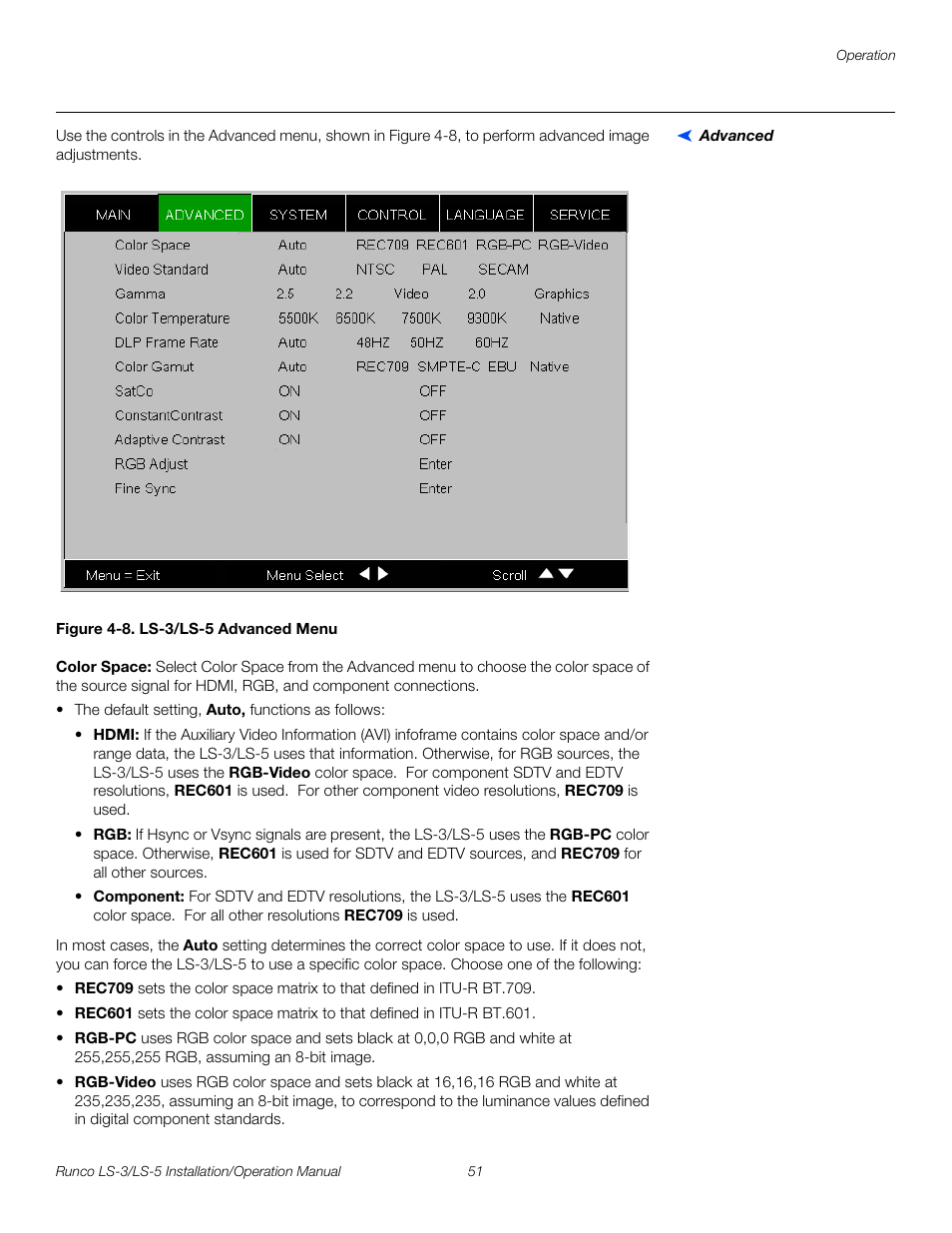 Advanced, Figure 4-8 . ls-3/ls-5 advanced menu, Color space | 8. ls-3/ls-5 advanced menu, Pre l iminar y | Runco LIGHTSTYLE LS-3 User Manual | Page 67 / 105