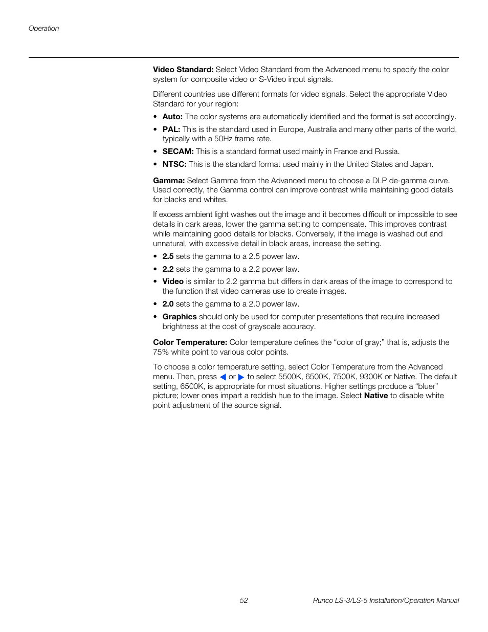 Video standard, Gamma, Color temperature | Pre l iminar y | Runco LIGHTSTYLE LS-3 User Manual | Page 68 / 105