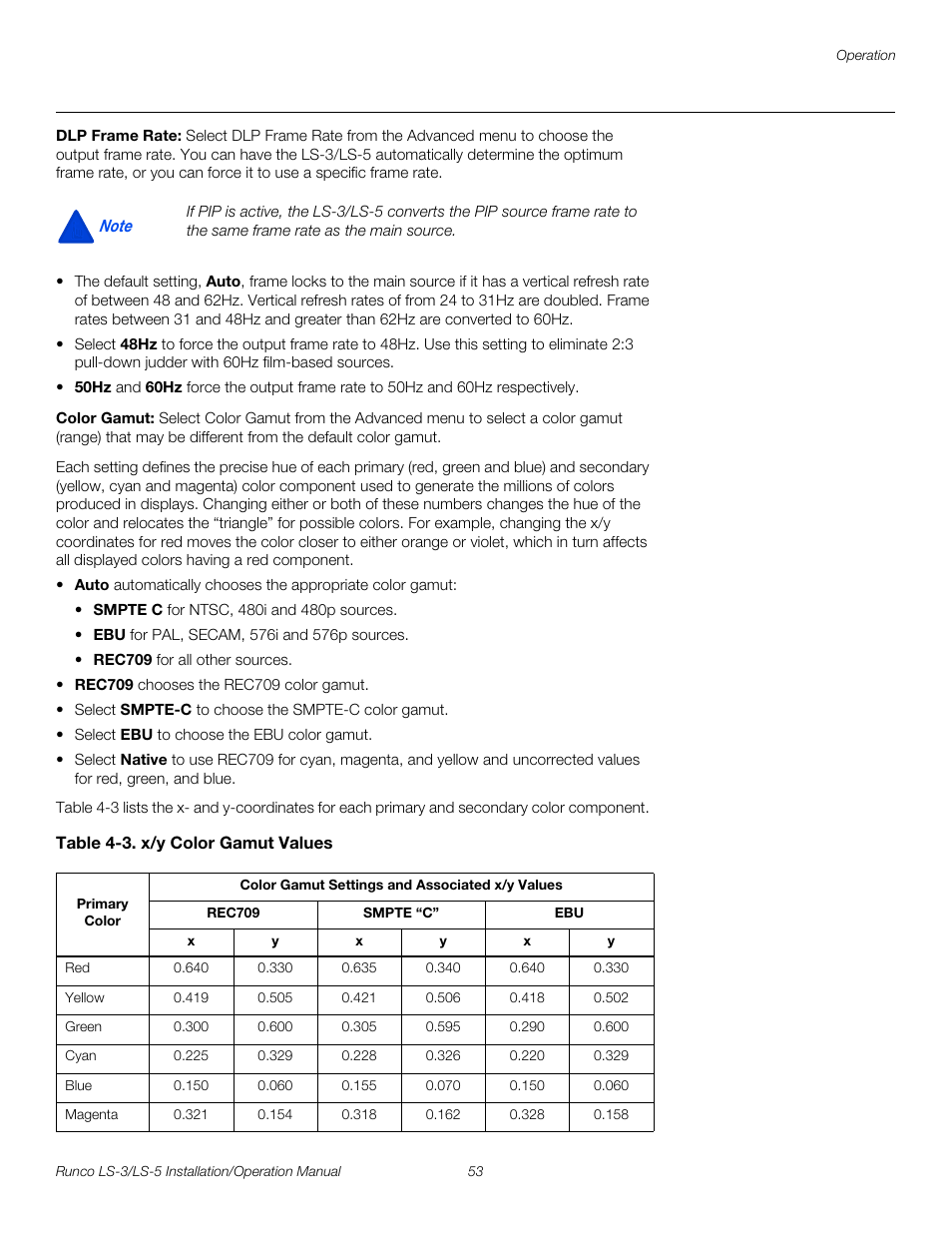 Dlp frame rate, Color gamut, Table 4-3 . x/y color gamut values | Pre l iminar y | Runco LIGHTSTYLE LS-3 User Manual | Page 69 / 105