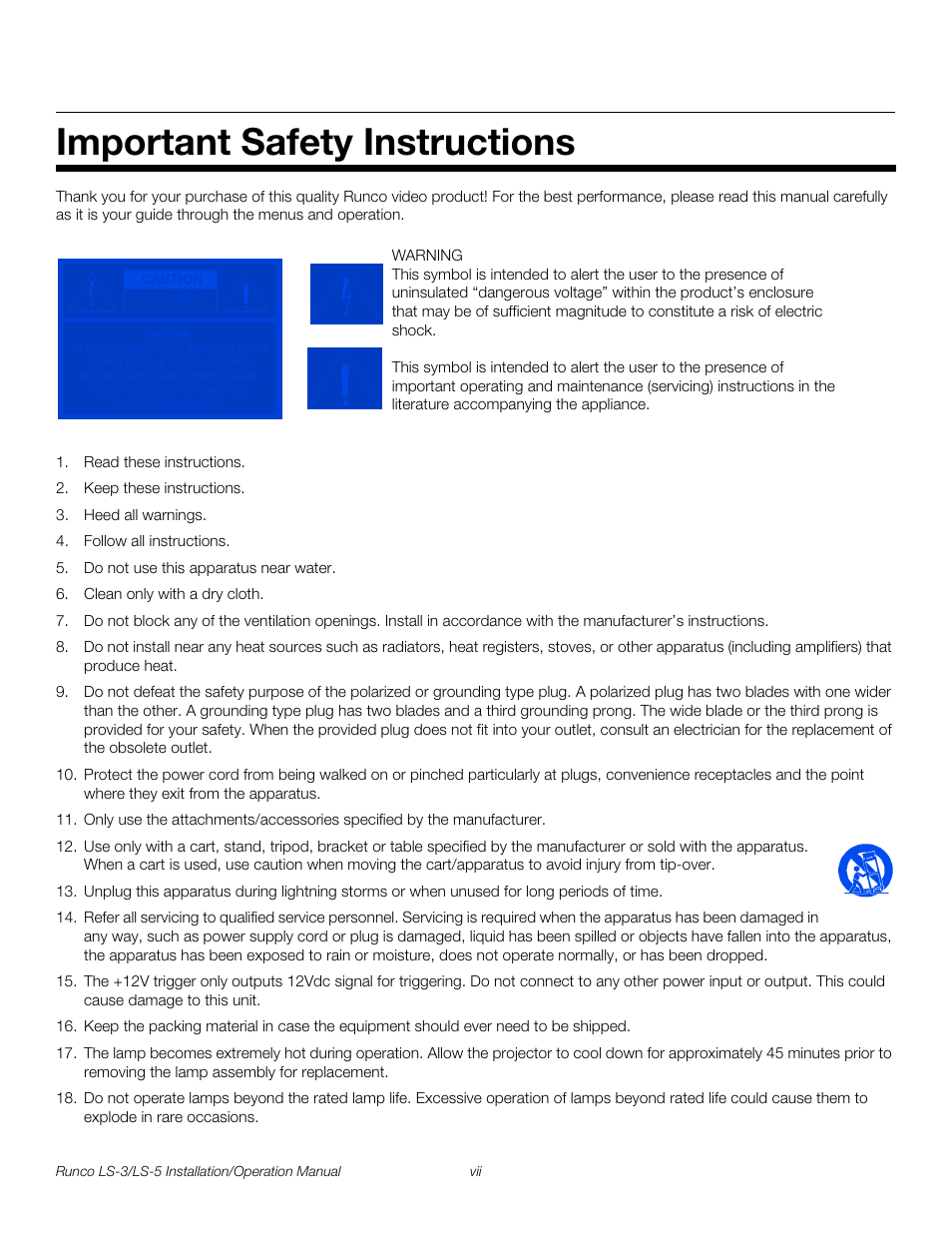 Important safety instructions, Pre l iminar y | Runco LIGHTSTYLE LS-3 User Manual | Page 7 / 105